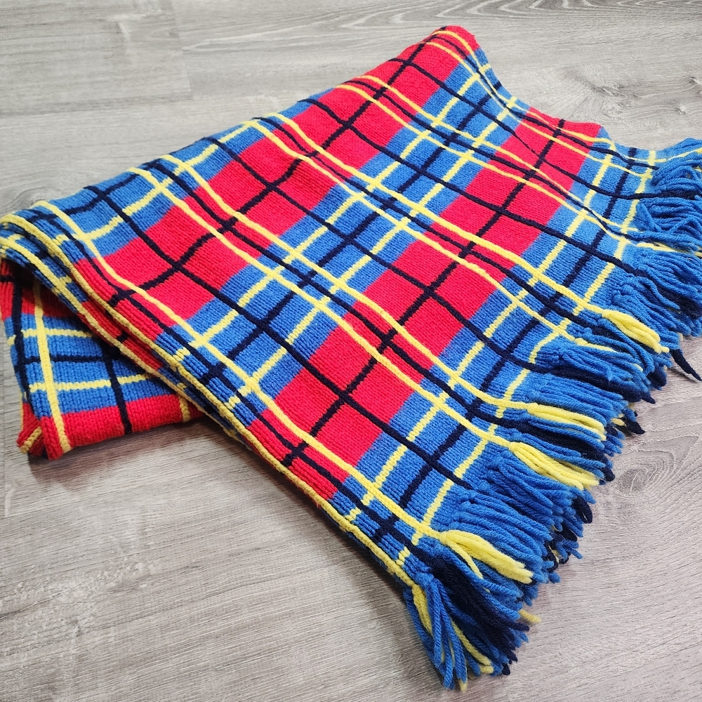 70s VINTAGE Plaid Knit Afghan Lap Throw Blanket Handmade